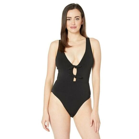 Robin Piccone Ava One Piece Swimsuit Double Knot Plunge Black Size 8 NEW - Picture 1 of 6